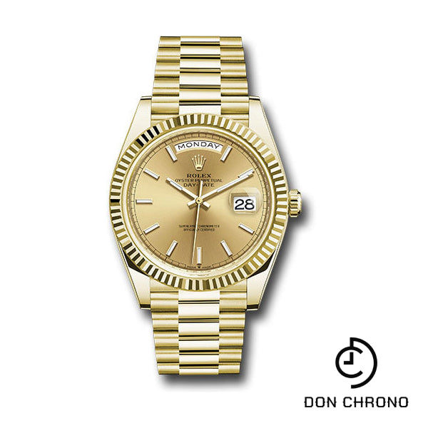 Rolex Yellow Gold Day-Date 40 Watch - Fluted Bezel - Champagne Index Dial - President Bracelet - 228238 chip