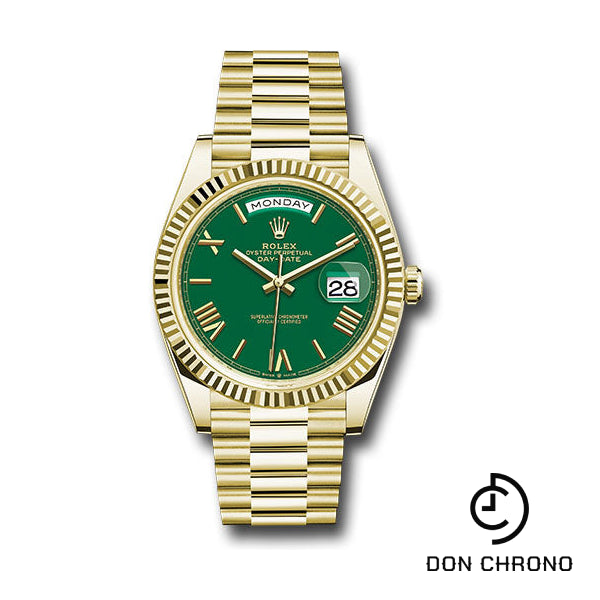 Rolex Yellow Gold Day-Date 40 Watch - Fluted Bezel - Green Roman Dial - President Bracelet - 228238 grrp