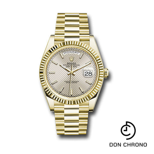 Rolex Yellow Gold Day-Date 40 Watch - Fluted Bezel - Silver Diagonal Motif Index Dial - President Bracelet - 228238 sdmip