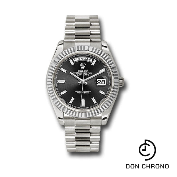 Rolex White Gold Day-Date 40 Watch - Fluted Bezel - Black Baguette Diamond Dial - President Bracelet - 228239 bkbdp