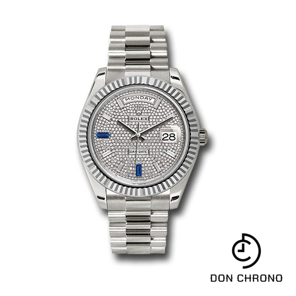 Rolex White Gold Day-Date 40 Watch - Fluted Bezel - Diamond Paved Baguette Diamond Dial - President Bracelet - 228239 dp7d2sp