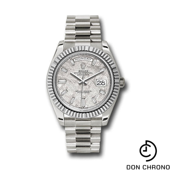 Rolex White Gold Day-Date 40 Watch - Fluted Bezel - Meteorite Baguette Diamond Dial - President Bracelet - 228239 mtdp