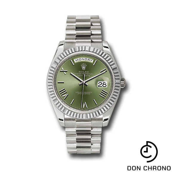 Rolex White Gold Day-Date 40 Watch - Fluted Bezel - Olive Green Bevelled Roman Dial - President Bracelet - 228239 ogrp