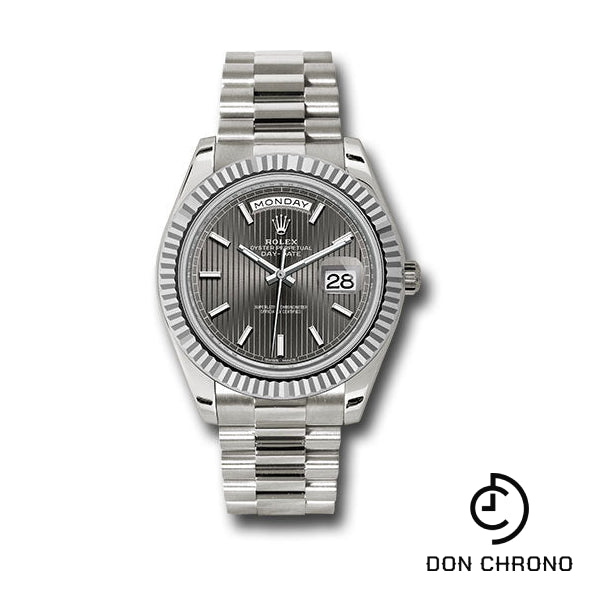 Rolex White Gold Day-Date 40 Watch - Fluted Bezel - Dark Rhodium Stripe Motif Index Dial - President Bracelet - 228239 rsmip