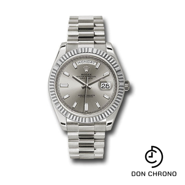 Rolex White Gold Day-Date 40 Watch - Fluted Bezel - Silver Baguette Diamond Dial - President Bracelet - 228239 sbdp