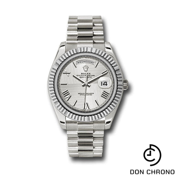 Rolex White Gold Day-Date 40 Watch - Fluted Bezel - Silver Quadrant Motif Bevelled Roman Dial - President Bracelet - 228239 sqmrp