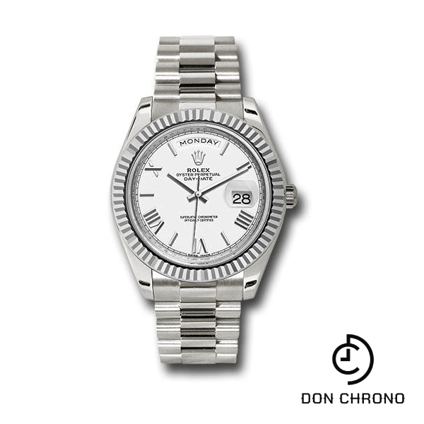 Rolex White Gold Day-Date 40 Watch - Fluted Bezel - White Bevelled Roman Dial - President Bracelet - 228239 wrp