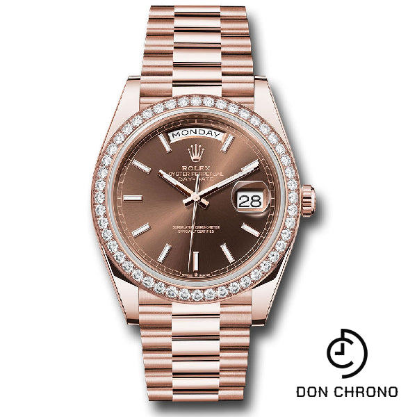 Rolex Everose Gold Day-Date 40 Watch - Diamond Bezel - Chocolate Index Dial - President Bracelet - 228345rbr choip