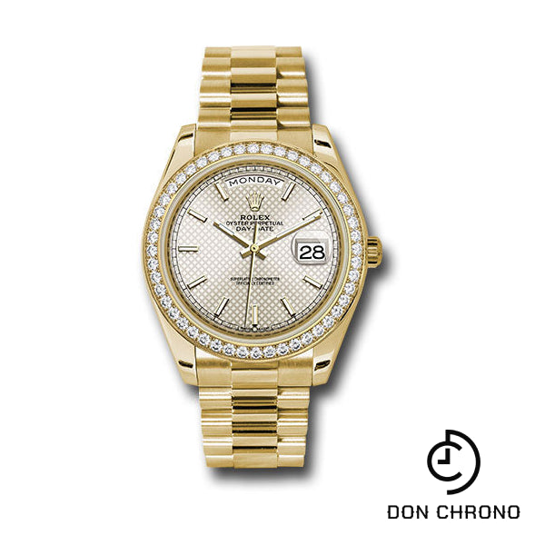 Rolex Yellow Gold Day-Date 40 Watch - Bezel - Silver Diagonal Motif Index Dial - President Bracelet - 228348RBR sdmip