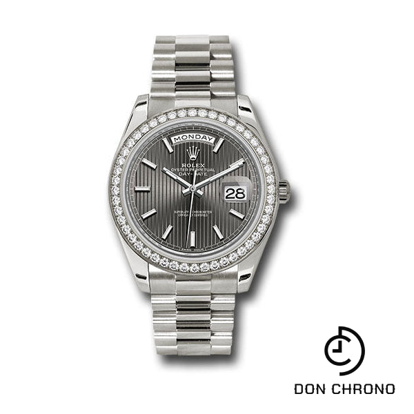 Rolex White Gold Day-Date 40 Watch - Bezel - Dark Rhodium Stripe Motif Index Dial - President Bracelet - 228349RBR rsmip