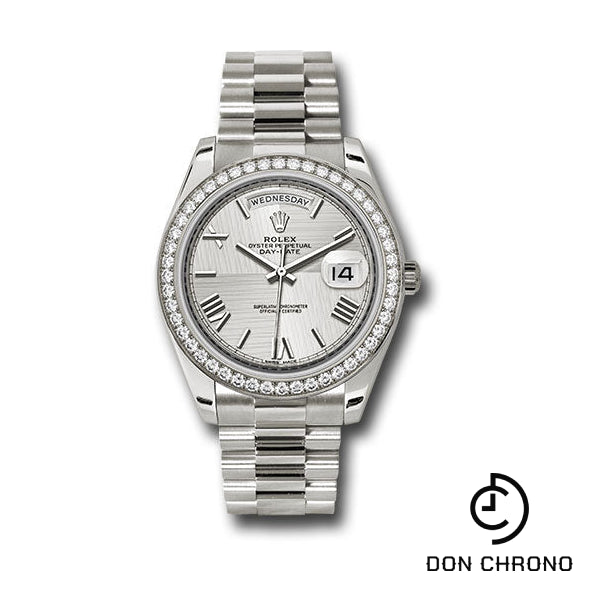 Rolex White Gold Day-Date 40 Watch -  Bezel - Silver Quadrant Motif Bevelled Roman Dial - President Bracelet - 228349RBR sqmrp
