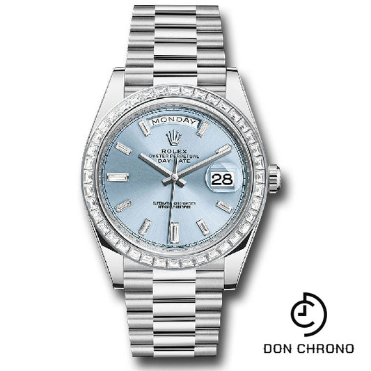 Rolex 950 Platinum Day-Date 40 Watch - Baguette Diamond Bezel - Ice Blue Baguette Diamond Dial - President Bracelet - 228396TBR ibbdp