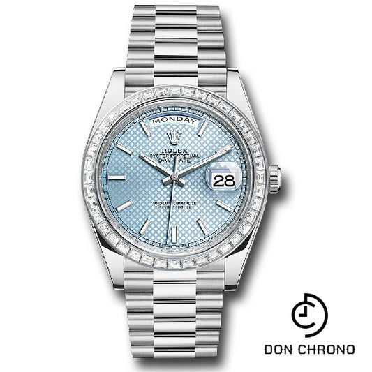 Rolex 950 Platinum Day-Date 40 Watch - Baguette Diamond Bezel - Ice Blue Diagonal Motif Index Dial - President Bracelet - 228396TBR ibdmip