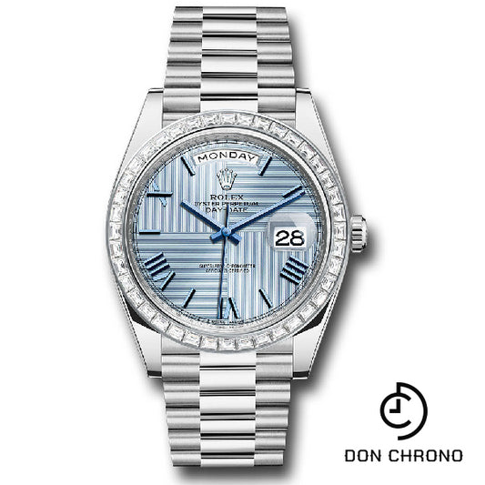 Rolex 950 Platinum Day-Date 40 Watch - Baguette Diamond Bezel - Ice Blue Quadrant Motif Bevelled Roman Dial - President Bracelet - 228396TBR ibqmrp