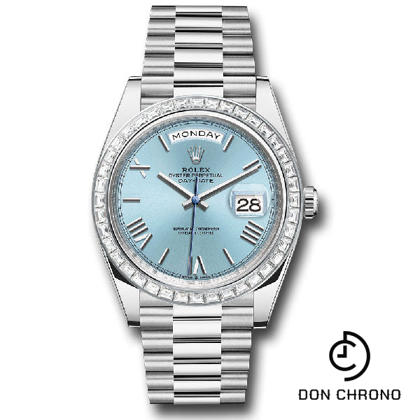 Rolex Platinum Day-Date 40 Watch - Baguette Diamond Bezel - Ice Blue Roman Dial - President Bracelet - 228396tbr ibrp