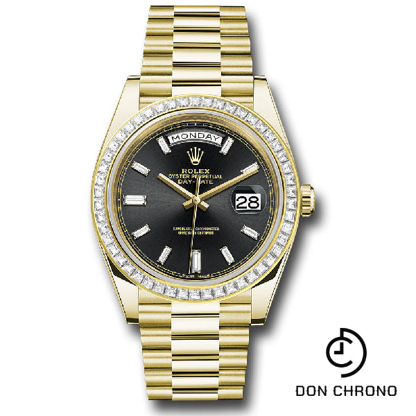 Rolex Yellow Gold Day-Date 40 Watch - Yellow Gold Bezel - Black Baguette Diamond Dial - President Bracelet - 228398TBR bkbdp