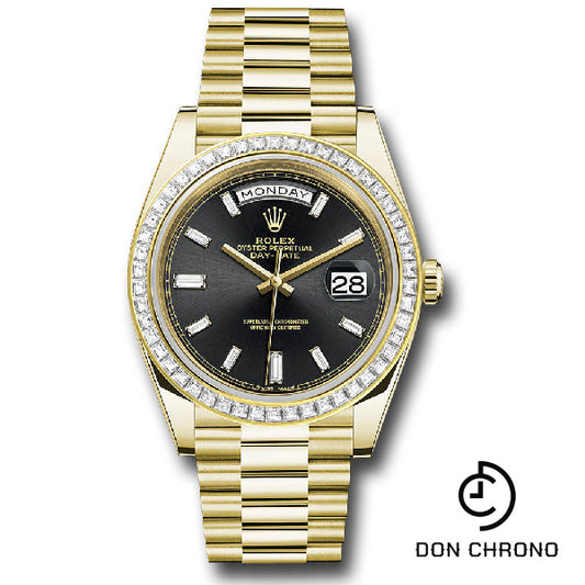 Rolex Yellow Gold Day-Date 40 Watch - Yellow Gold Bezel - Black Baguette Diamond Dial - President Bracelet - 228398TBR bkbdp