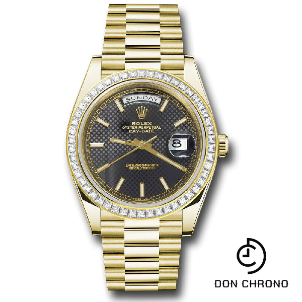 Rolex Yellow Gold Day-Date 40 Watch - Baguette Diamond Bezel - Black Diagonal Motif Index Dial - President Bracelet - 228398TBR bkdmip