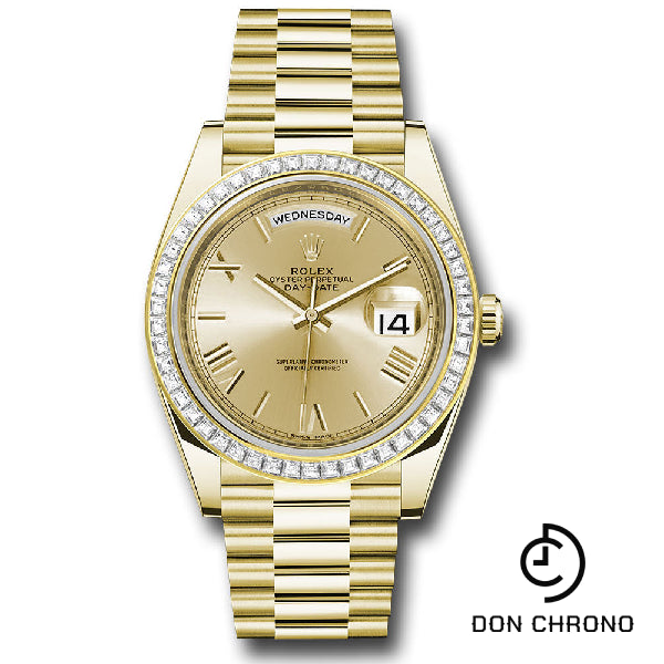 Rolex Yellow Gold Day-Date 40 Watch - Baguette Diamond Bezel - Champagne Bevelled Roman Dial - President Bracelet - 228398TBR chrp