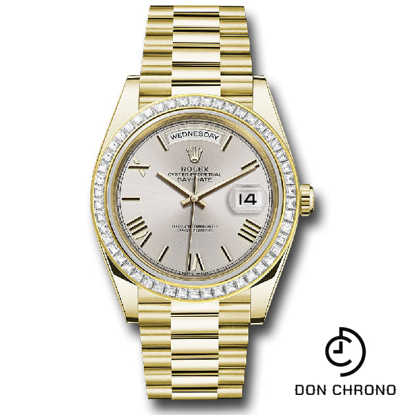 Rolex Yellow Gold Day-Date 40 Watch - Baguette Diamond Bezel - Silver Bevelled Roman Dial - President Bracelet - 228398TBR sdrp