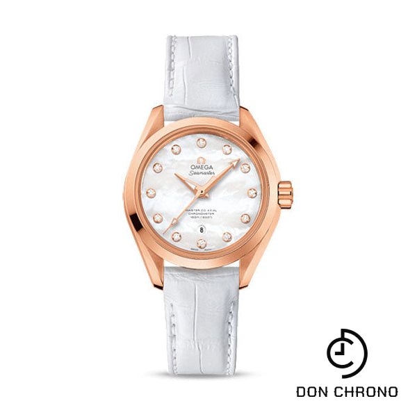 Omega Seamaster Aqua Terra 150 M Master Co-Axial Watch - 34 mm Sedna Gold Case - Mother-Of-Pearl Diamond Dial - White Leather Strap - 231.53.34.20.55.001