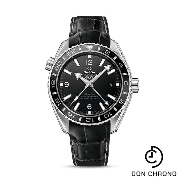 Omega Seamaster Planet Ocean 600 M Omega Co-Axial GMT Watch - 43.5 mm Platinum Case - Black Ceramic Bi-Directional Bezel - Black Dial - Black Leather Strap - 232.98.44.22.01.001