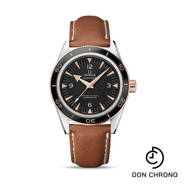 Omega Seamaster 300 Omega Master Co-Axial Watch - 41 mm Steel Case - Sedna Gold Unidirectional Bezel - Black Dial - Brown Leather Strap - 233.22.41.21.01.002