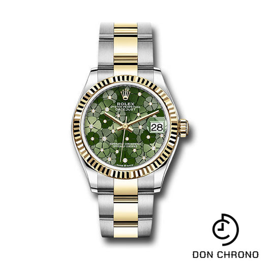 Rolex Yellow Rolesor Datejust 31 Watch - Fluted Bezel - Olive Green Floral Motif Diamond 6 Dial - Oyster Bracelet - 278273 ogflomdo