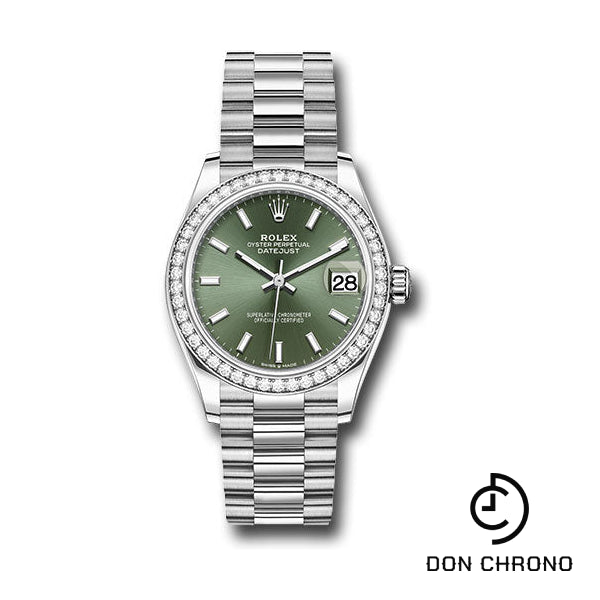 Rolex White Gold Datejust 31 Watch - Diamond Bezel - Mint Green Index Dial - President Bracelet - 278289rbr mgip