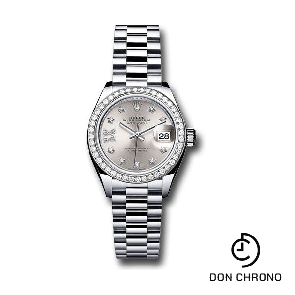 Rolex Platinum Lady-Datejust 28 Watch - 44 Diamond Bezel - Silver Diamond Star Dial - President Bracelet - 279136RBR s9dix8dp