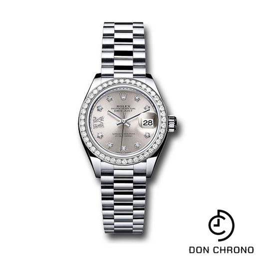 Rolex Platinum Lady-Datejust 28 Watch - 44 Diamond Bezel - Silver Diamond Star Dial - President Bracelet - 279136RBR s9dix8dp