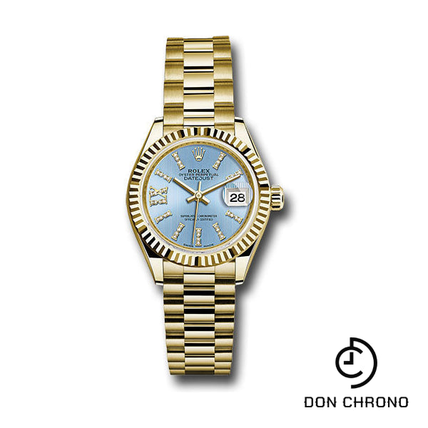 Rolex Yellow Gold Lady-Datejust 28 Watch - Fluted Bezel - Cornflower Blue Stripe Diamond Index Dial - President Bracelet - 279178 cbls36dix8dp