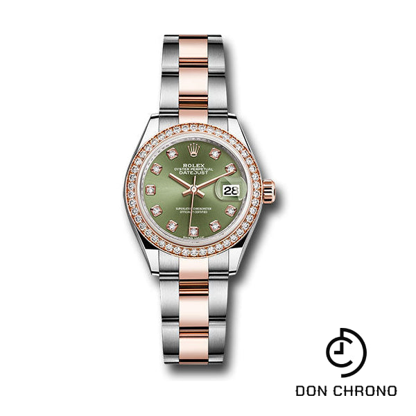 Rolex Steel and Everose Gold Rolesor Lady-Datejust 28 Watch - Diamond Bezel - Olive Green Diamond Dial - Oyster Bracelet - 279381RBR ogdo