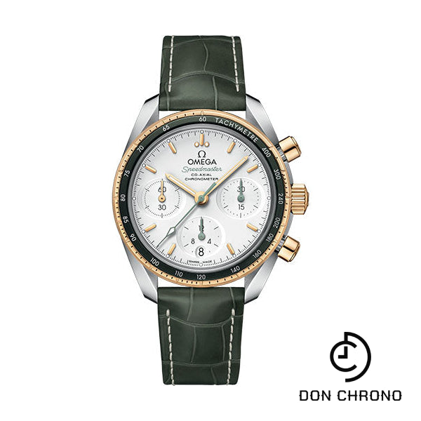 Omega Speedmaster 38 Co-Axial Chronograph Watch - 38 mm Steel And Yellow Gold Case - Silvery Dial - Green Leather Strap - 324.23.38.50.02.001