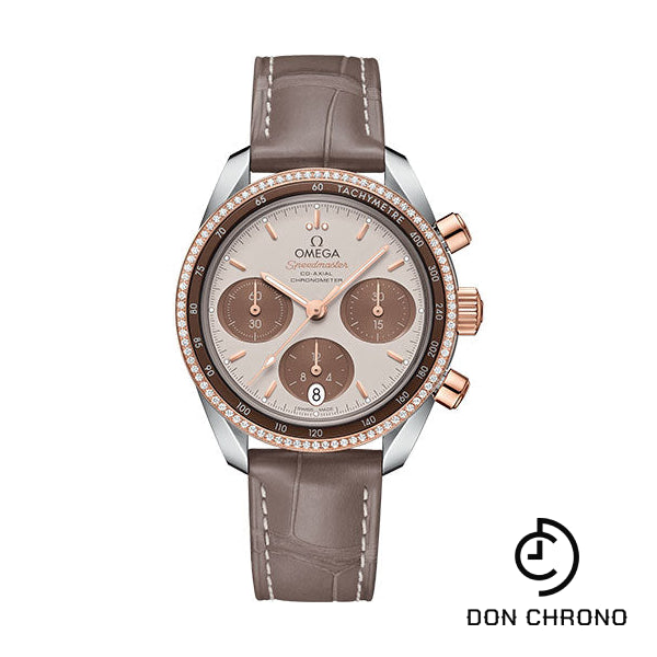 Omega Speedmaster 38 Co-Axial Chronograph Watch - 38 mm Steel And Sedna Gold Case - Dual Diamond Bezel - Cappuccino Dial - Taupe-Brown Leather Strap - 324.28.38.50.02.002