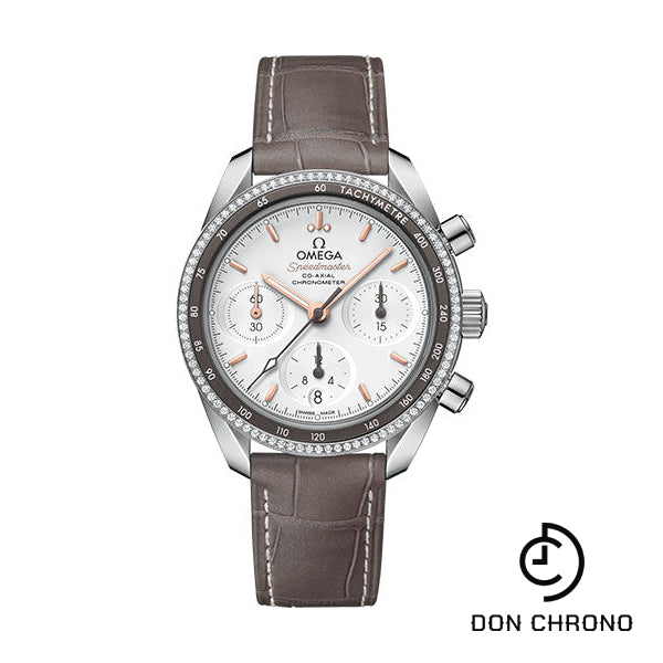 Omega Speedmaster 38 Co-Axial Chronograph Watch - 38 mm Steel Case - Dual Diamond Bezel - Silvery Dial - Taupe-Brown Leather Strap - 324.38.38.50.02.001