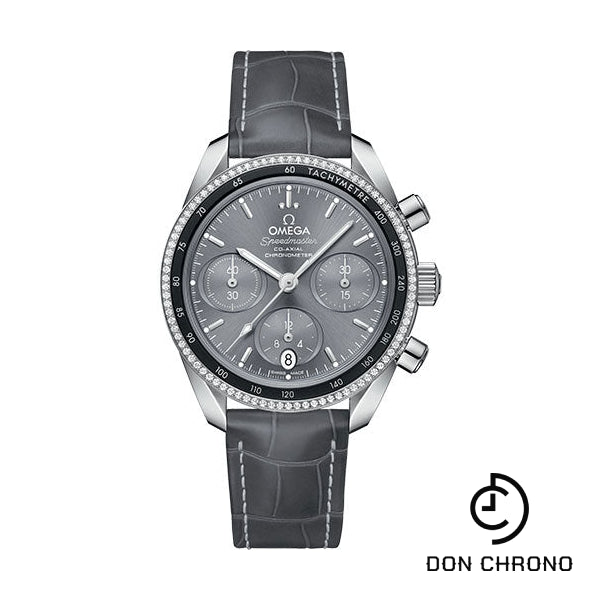 Omega Speedmaster Co-Axial Chronograph Watch - 38 mm Steel Case - Dual Diamond Bezel - Sun Brushed Grey Dial - Grey Leather Strap - 324.38.38.50.06.001