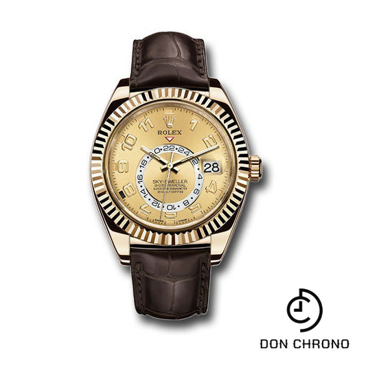 Rolex Yellow Gold Sky-Dweller Watch - Champagne Arabic Dial - Brown Leather Strap - 326138 ch