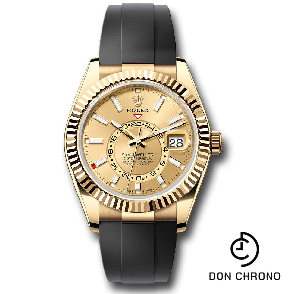 Rolex Yellow Gold Sky-Dweller Watch - Fluted Ring Command Bezel - Champagne Index Dial - Oysterflex Strap - 336238 chiof