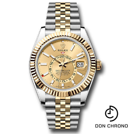 Rolex Yellow Rolesor Sky-Dweller Watch - Fluted Ring Command Bezel - Champagne Index Dial - Jubilee Bracelet - 336933 chij