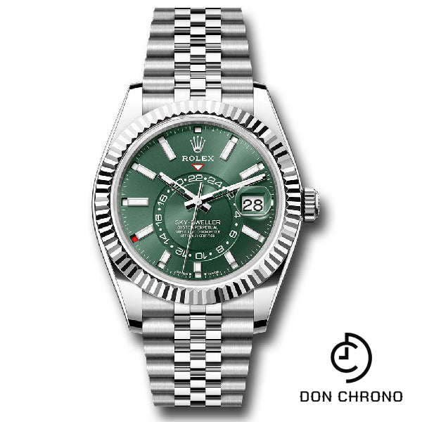 Rolex White Rolesor Sky-Dweller Watch - Fluted Ring Command Bezel - Mint Green Index Dial - Jubilee Bracelet - 336934 mgij