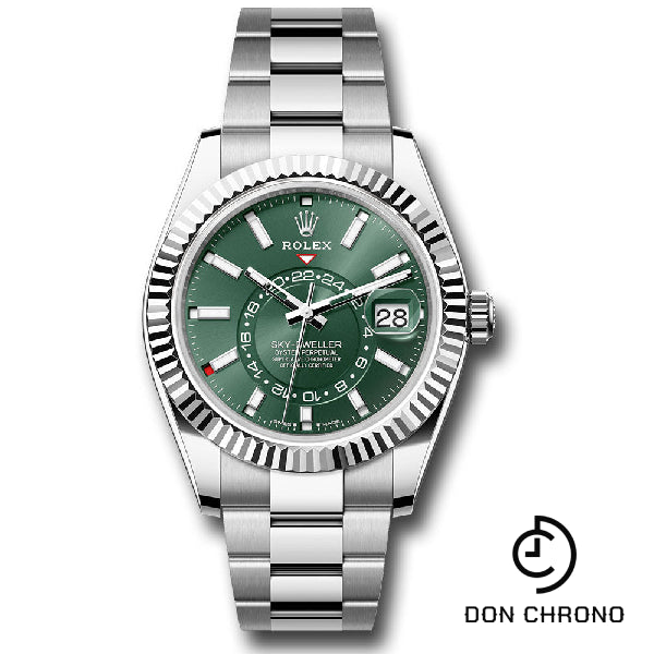 Rolex White Rolesor Sky-Dweller Watch - Fluted Ring Command Bezel - Mint Green Index Dial - Oyster Bracelet - 336934 mgio