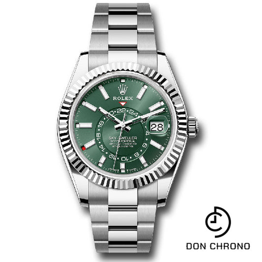 Rolex White Rolesor Sky-Dweller Watch - Fluted Ring Command Bezel - Mint Green Index Dial - Oyster Bracelet - 336934 mgio