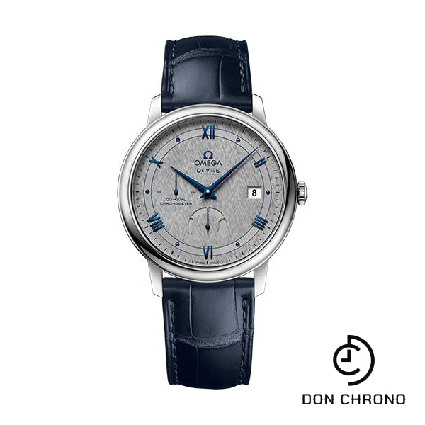 Omega De Ville Prestige Co-Axial Power Reserve Watch - 39.5 mm Steel Case - Grey Dial - Blue Leather Strap - 424.13.40.21.06.002