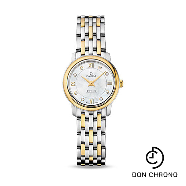 Omega De Ville Prestige Quartz Watch - 24.4 mm Steel Case - Yellow Gold Bezel - Mother-Of-Pearl Diamond Dial - Yellow Gold Bracelet - 424.20.24.60.55.001