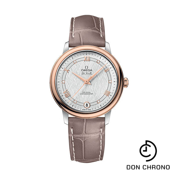 Omega De Ville Prestige Co-Axial Watch - 32.7 mm Steel And Red Gold Case - White Silvery Dial - Taupe-Brown Leather Strap - 424.23.33.20.52.002