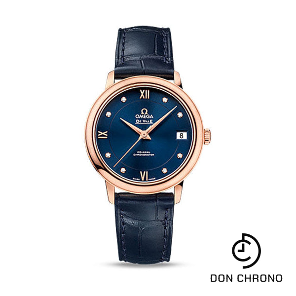 Omega De Ville Prestige Co-Axial Watch - 32.7 mm 18K Red Gold Case - Blue Diamond Dial - Blue Leather Strap - 424.53.33.20.53.001