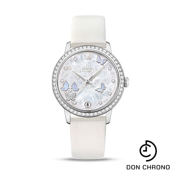 Omega De Ville Prestige Co-Axial Watch - 36.8 mm White Gold Case - Diamond Bezel - Mother-Of-Pearl Diamond Dial - White Leather Strap - 424.57.33.20.55.001