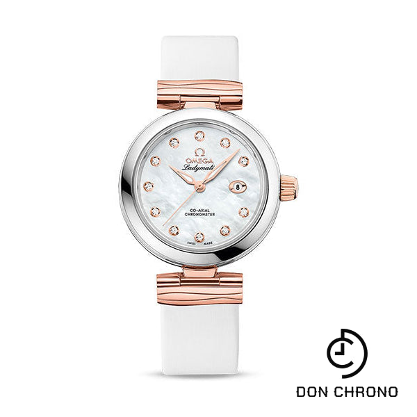 Omega De Ville Ladymatic Omega Co-Axial Watch - 34 mm Steel - Sedna Gold Case - White Diamond Dial - White Leather Strap - 425.22.34.20.55.004