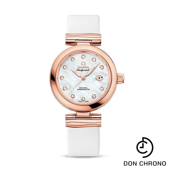 Omega De Ville Ladymatic Omega Co-Axial Watch - 34 mm Sedna Gold Case - White Diamond Dial - White Leather Strap - 425.62.34.20.55.004